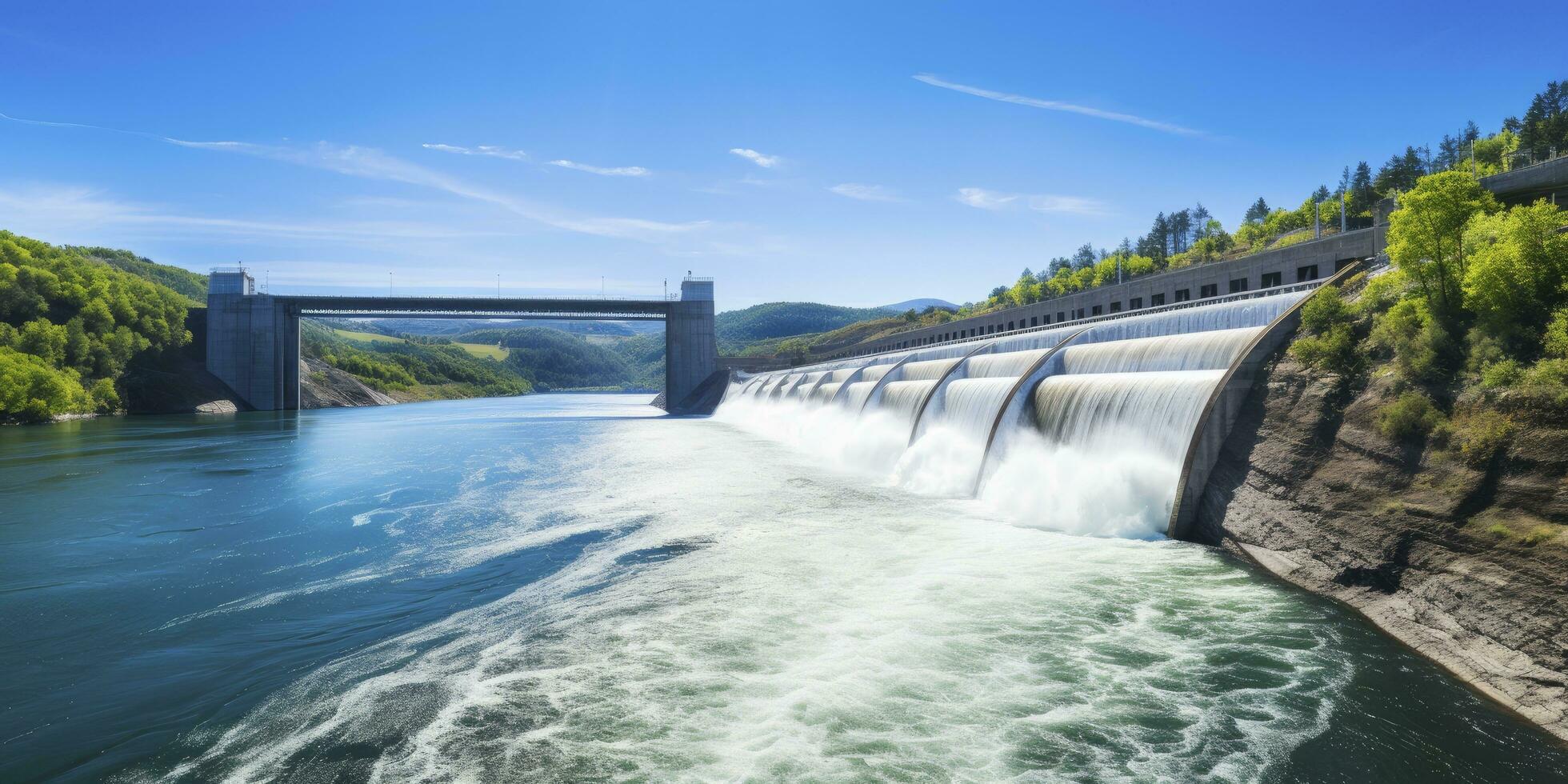 ai generato idroelettrico diga generando verde energia a partire dal fluente acqua. ai generato. foto