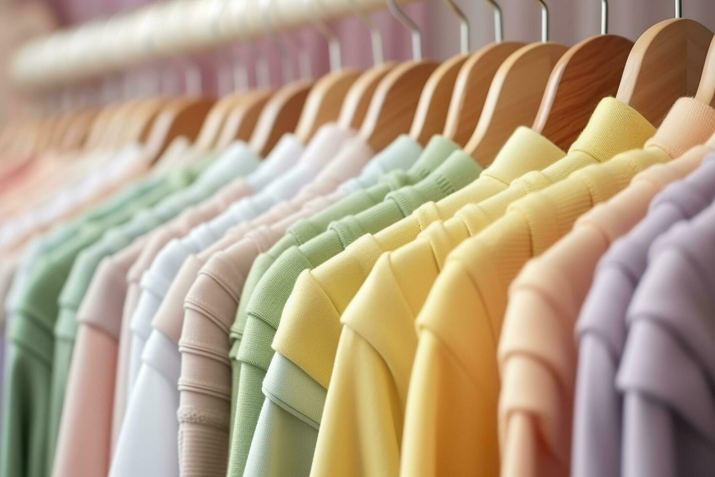 ai generato colorato Abiti su un' capi di abbigliamento cremagliera, pastello colorato guardaroba nel un' shopping memorizzare o Camera da letto, arcobaleno colore Abiti scelta su grucce, casa armadio concetto Immagine. ai generativo foto