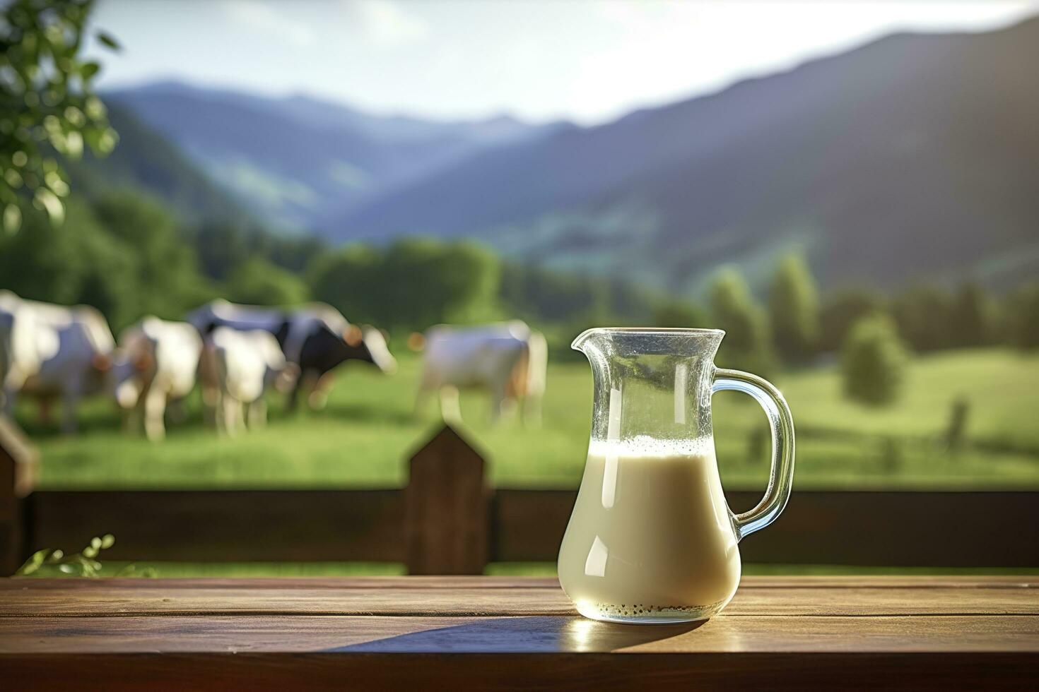 ai generato bicchiere brocca con fresco latte su un' di legno tavolo. ai generato foto