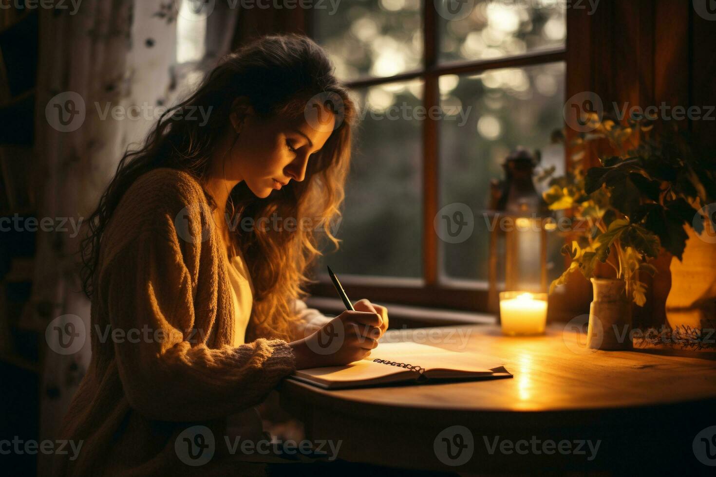 ai generato donna con ondulato capelli si siede nel leggero di candela e scrive giù pensieri nel diario accogliente caldo sera meditazione, consapevolezza pratica foto