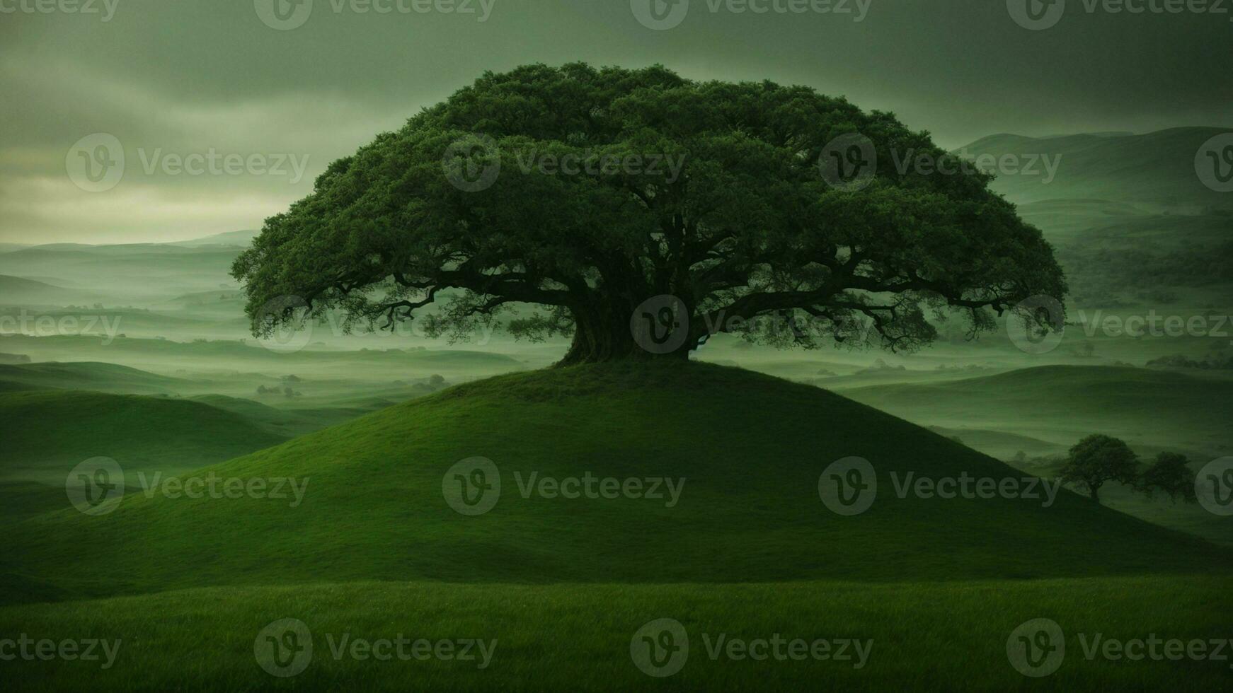 ai generato inventare un' mitico retroscena per il verde albero, incorporare elementi di folclore e fantasia per spiegare suo straordinario qualità e significato nel il naturale mondo. foto