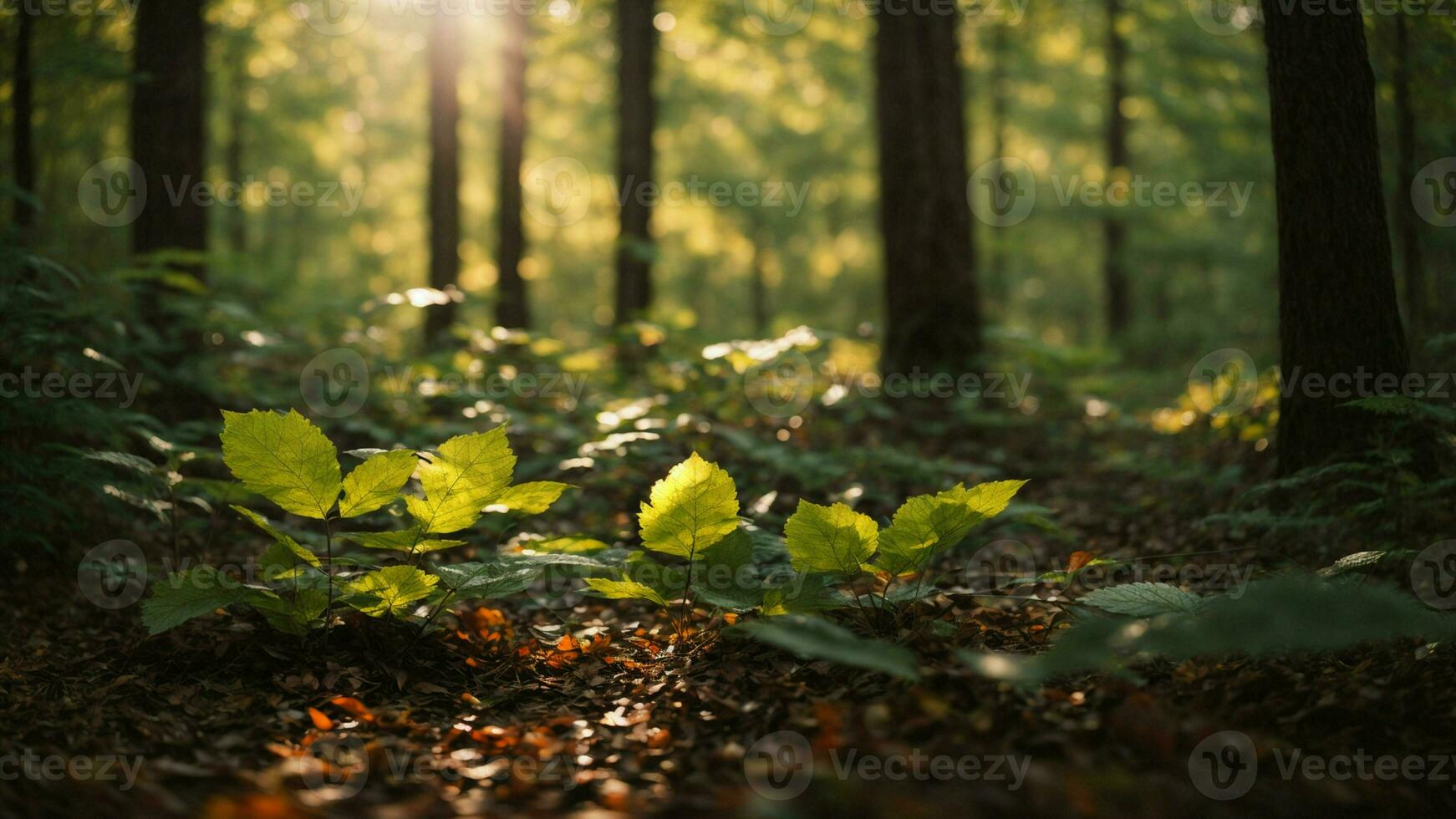 ai generato illustrare il ipnotizzante danza di luce del sole filtraggio attraverso il foglie, raffigurante il giocare di leggero e ombra su il foresta pavimento. foto