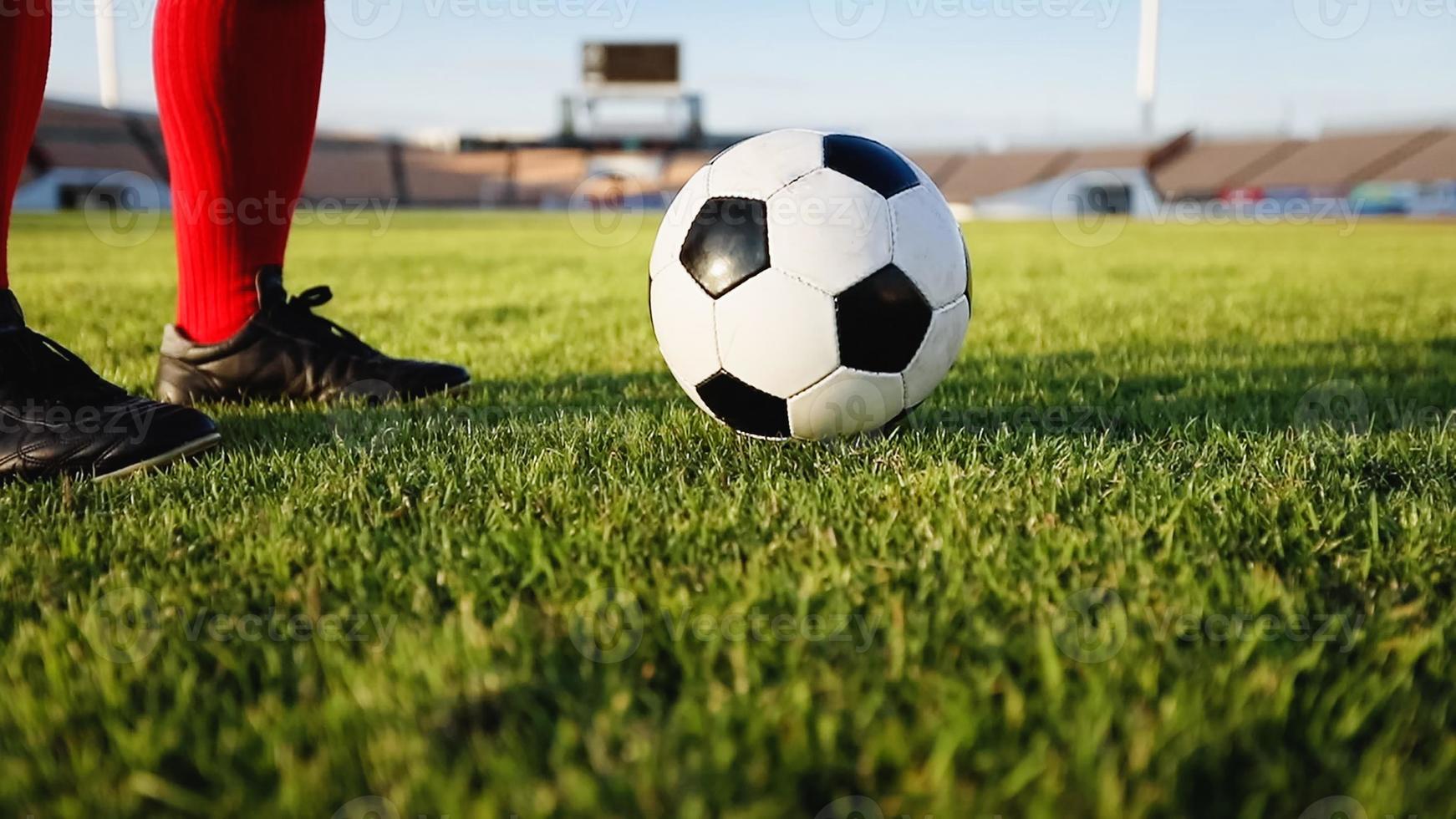 giocatore di calcio o di calcio in piedi con la palla sul campo per calciare il pallone da calcio allo stadio di calcio foto