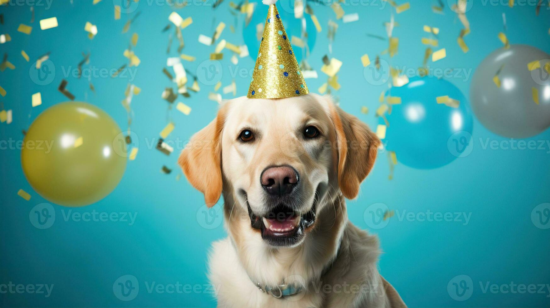 ai generato contento cane indossare un' festa cappello, festeggiare a un' compleanno festa. generativo ai foto