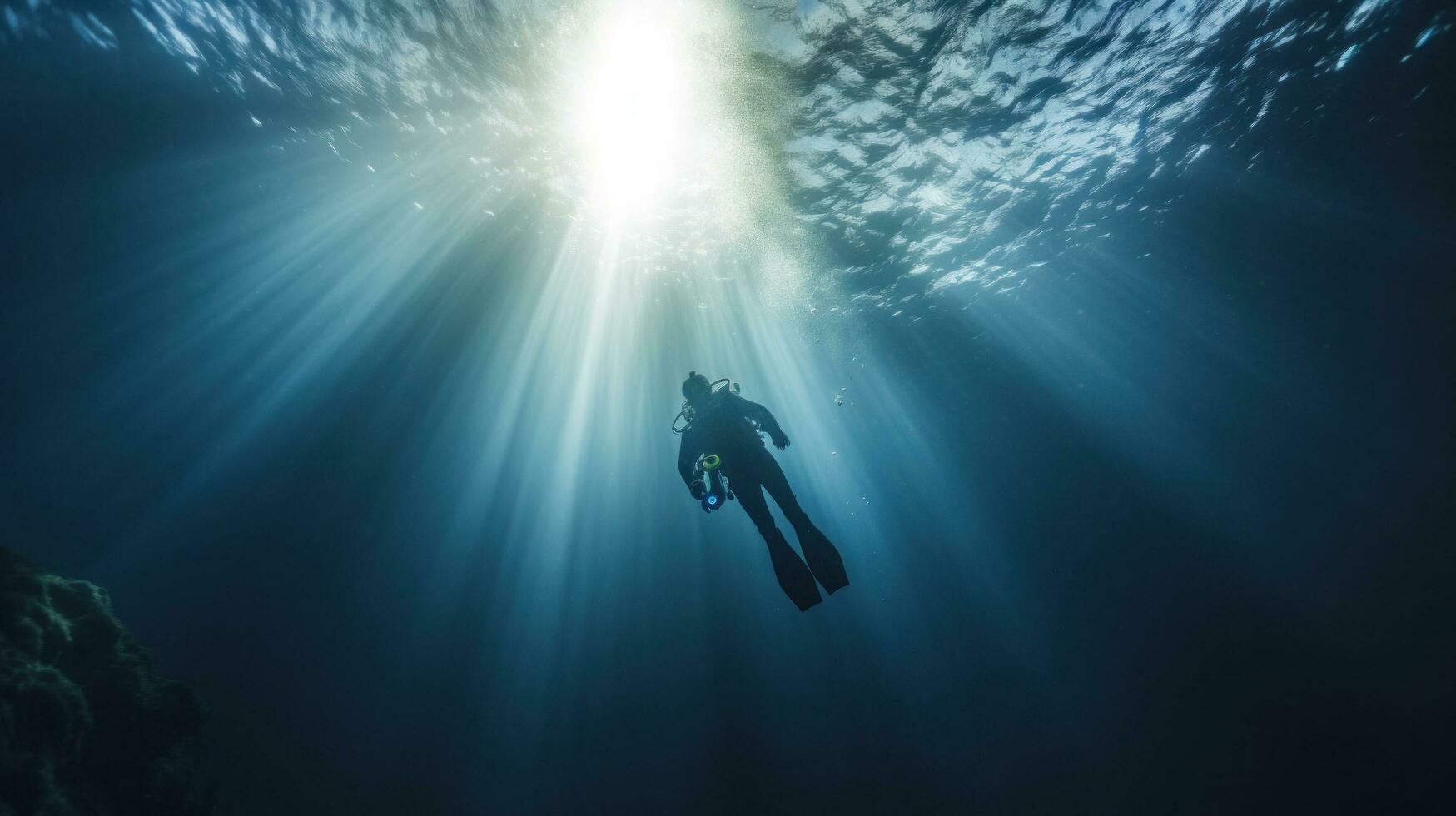 ai generato tuffatore discendente in il in profondità blu mare, con luce del sole filtraggio attraverso il acqua foto