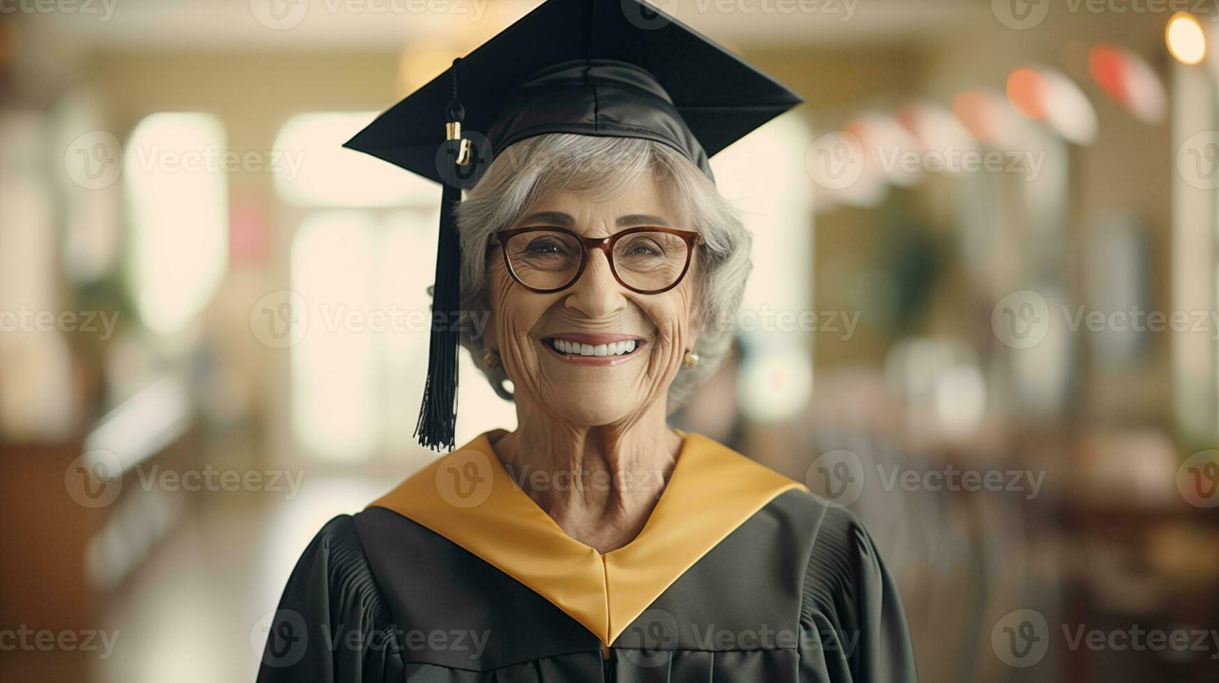 ai generato un più vecchio donna indossare bicchieri e un' la laurea berretto foto