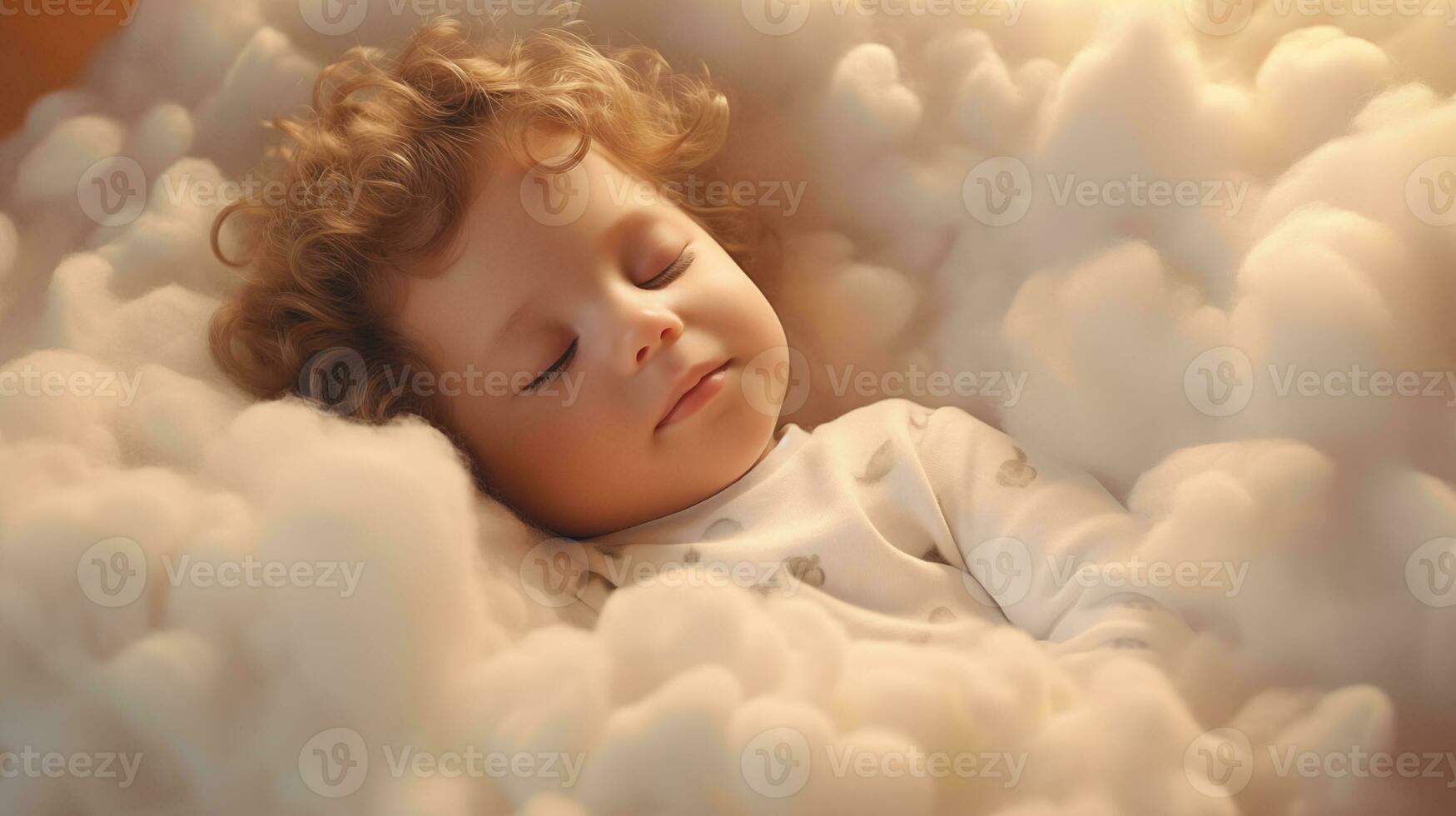 ai generato un' bambino addormentato nel un' nube di soffice nuvole foto