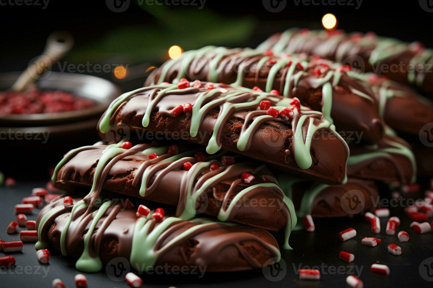 ai generato allettante Natale a tema cioccolato salatini con rosso e verde decorazione, allegro Natale immagini foto