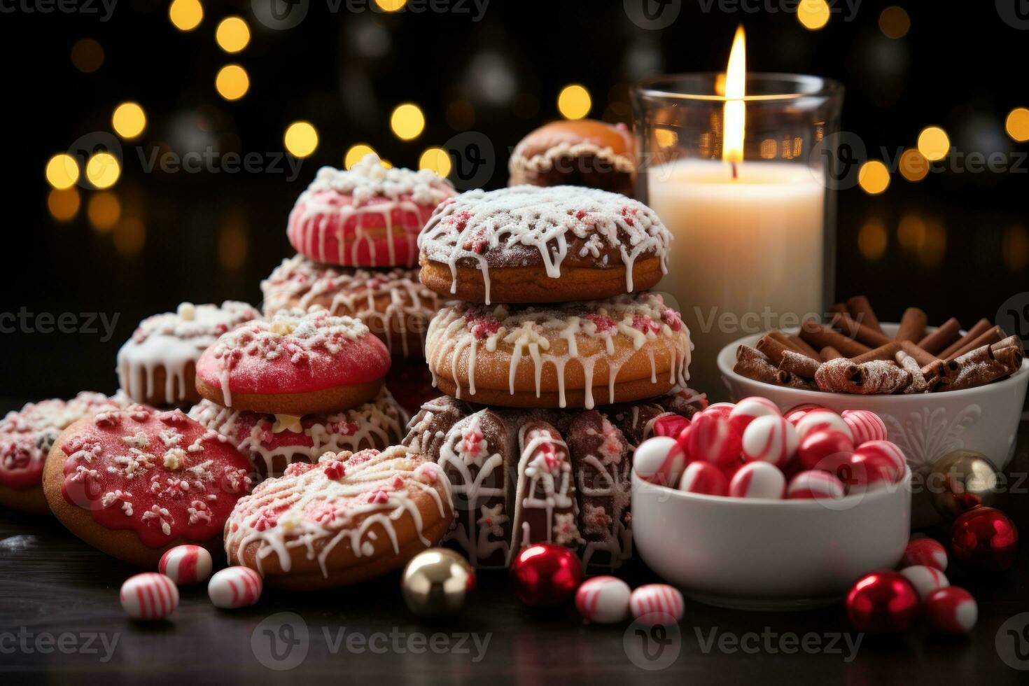 ai generato Pan di zenzero Casa centrotavola circondato di un assortimento di Natale biscotti e vivace caramelle, Natale sfondo foto