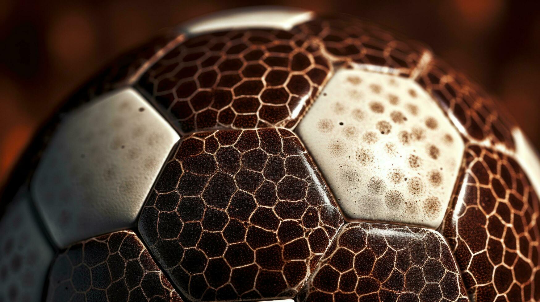 ai generato un' macro tiro di un' calcio sfera, evidenziazione suo struttura e intricato dettagli foto