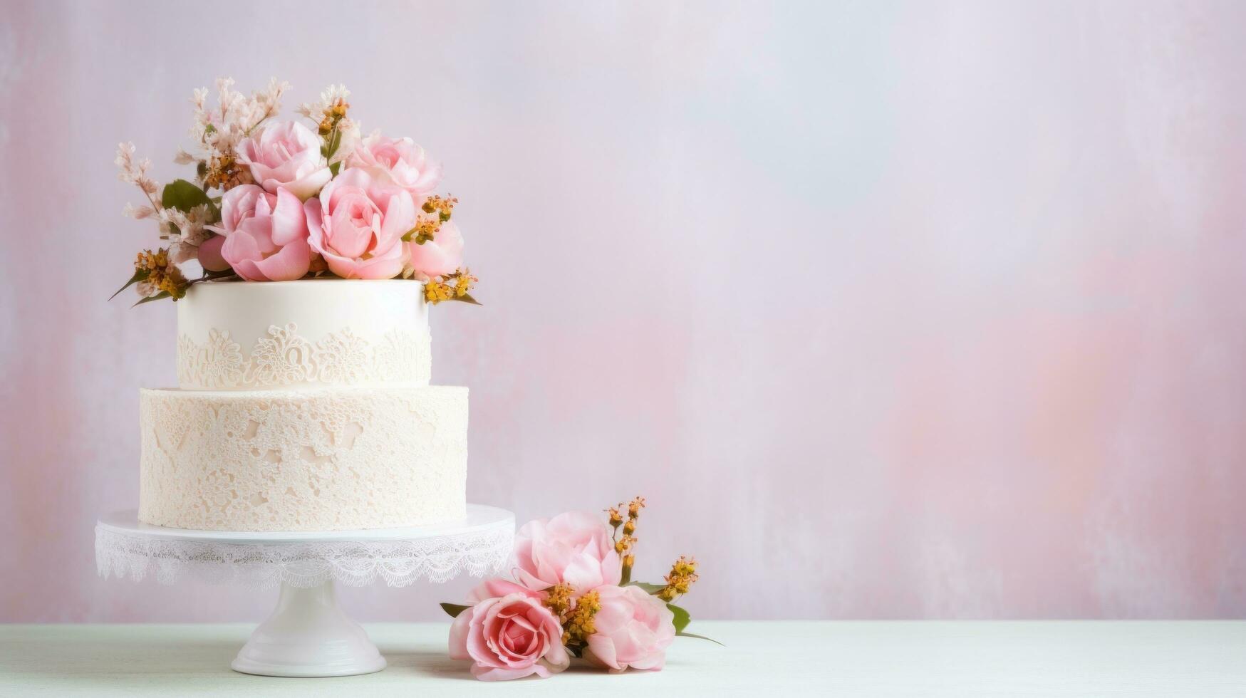 ai generato un' d'ispirazione vintage nozze torta con pizzo dettagli e rosa fiori, impostato contro un' morbido pastello sfondo. foto