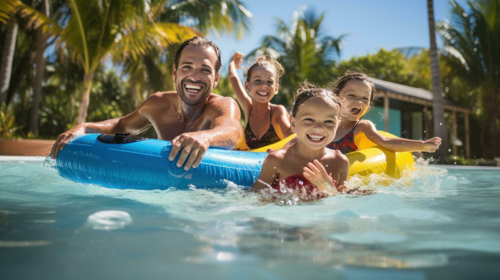 ai generato contento famiglia godendo un' giorno nel piscina, con bambini giocando su gonfiabili e genitori oziare nelle vicinanze foto