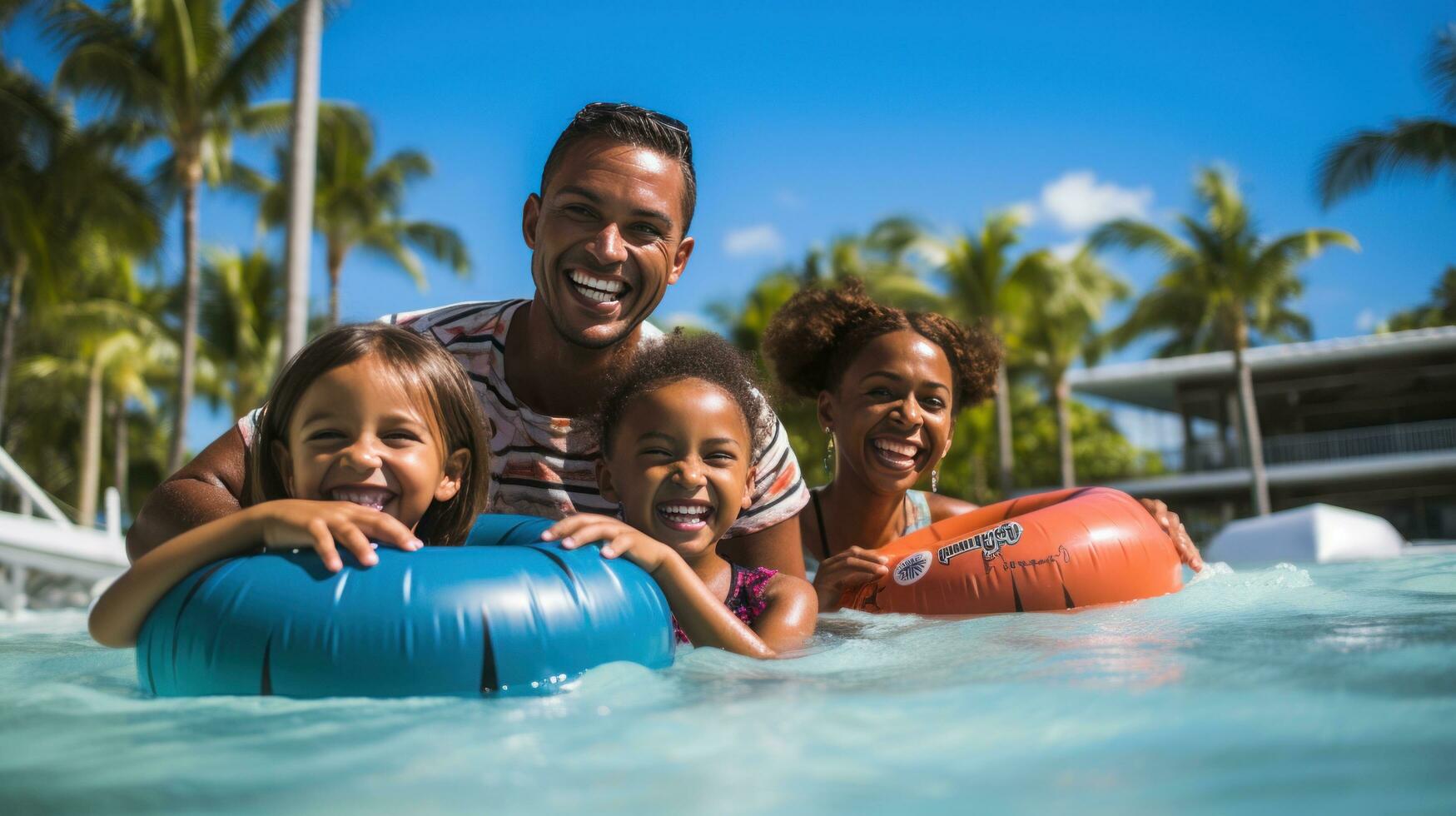 ai generato contento famiglia godendo un' giorno nel piscina, con bambini giocando su gonfiabili e genitori oziare nelle vicinanze foto