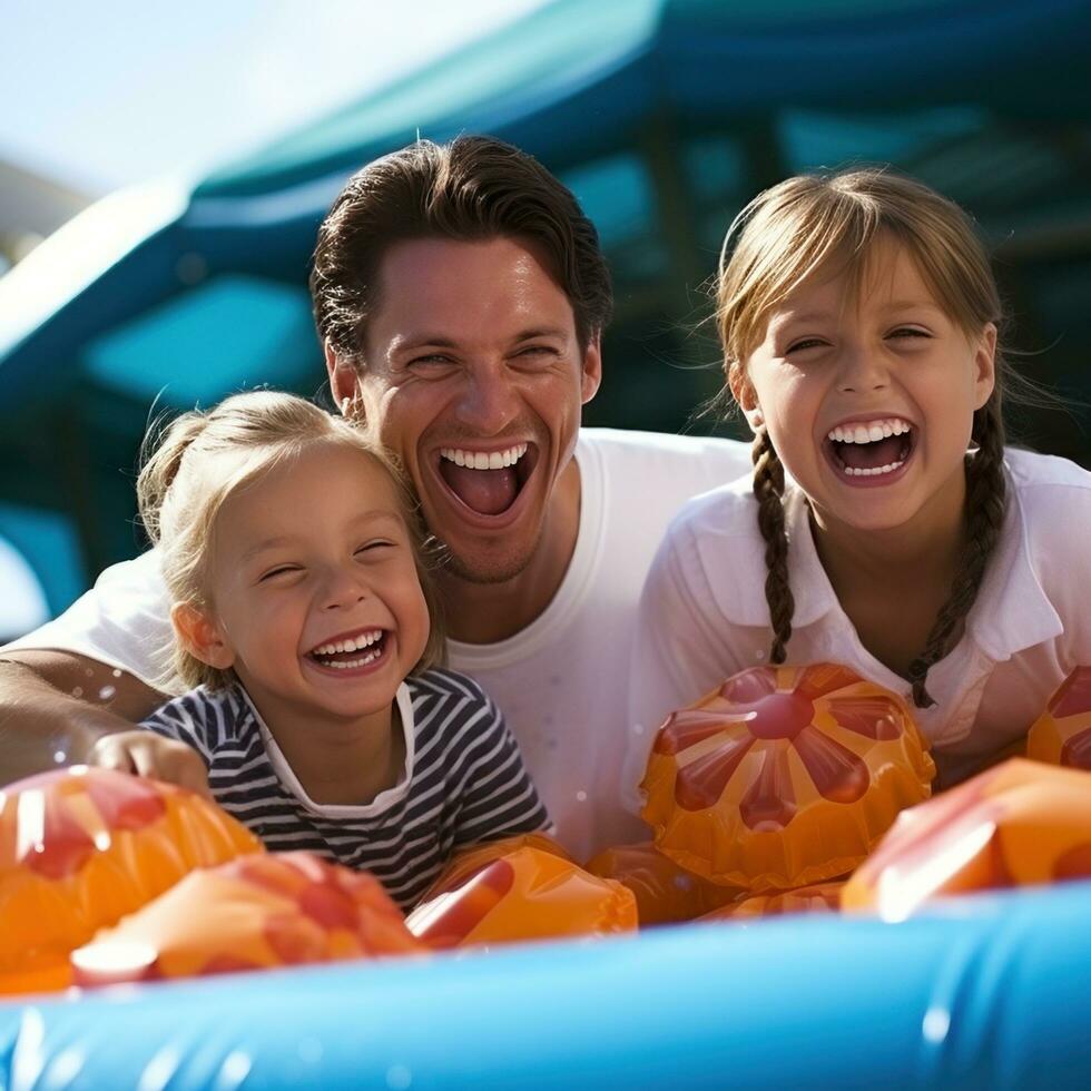 ai generato contento famiglia godendo un' giorno nel piscina, con bambini giocando su gonfiabili e genitori oziare nelle vicinanze foto