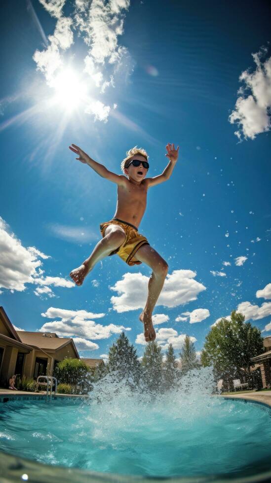 ai generato drammatico azione tiro di qualcuno salto in il piscina, cattura il eccitazione di estate nuoto foto