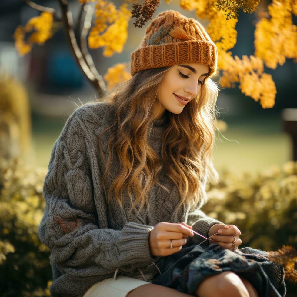 ai generato un' donna seduta su un' di legno panchina nel un' parco, maglieria un' caldo cappello e indossare un' accogliente maglione foto