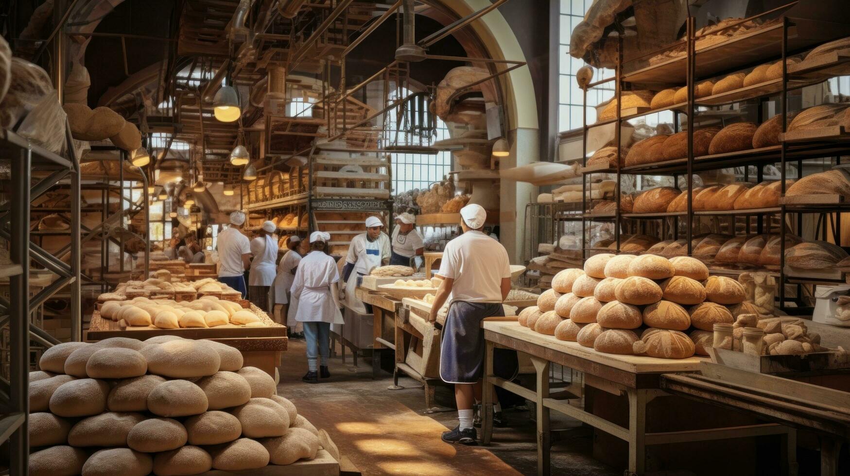 ai generato vivace forno, con fornai nel bianca grembiuli e cappelli in movimento in giro cremagliere di pane e pasticcini foto