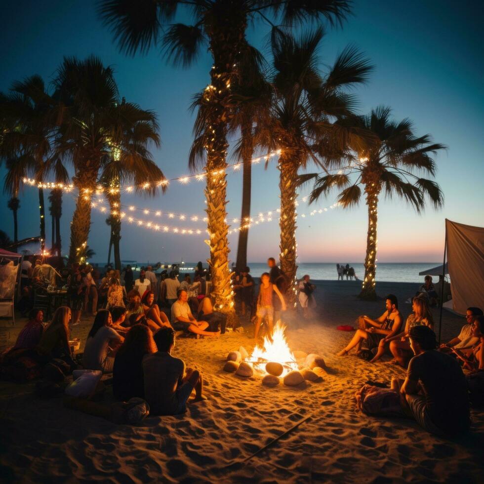 ai generato un' spiaggia festa con palma alberi e leggero lampadina ghirlande inquadratura il scena foto