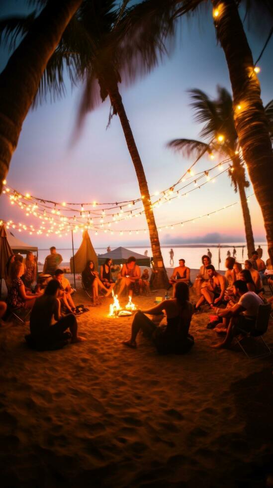 ai generato un' spiaggia festa con palma alberi e leggero lampadina ghirlande inquadratura il scena foto