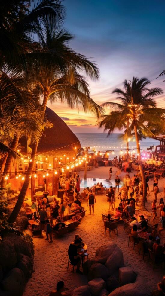 ai generato spiaggia bar con luminosa luci e vivace musica, circondato di palma alberi e persone godendo il festa. foto