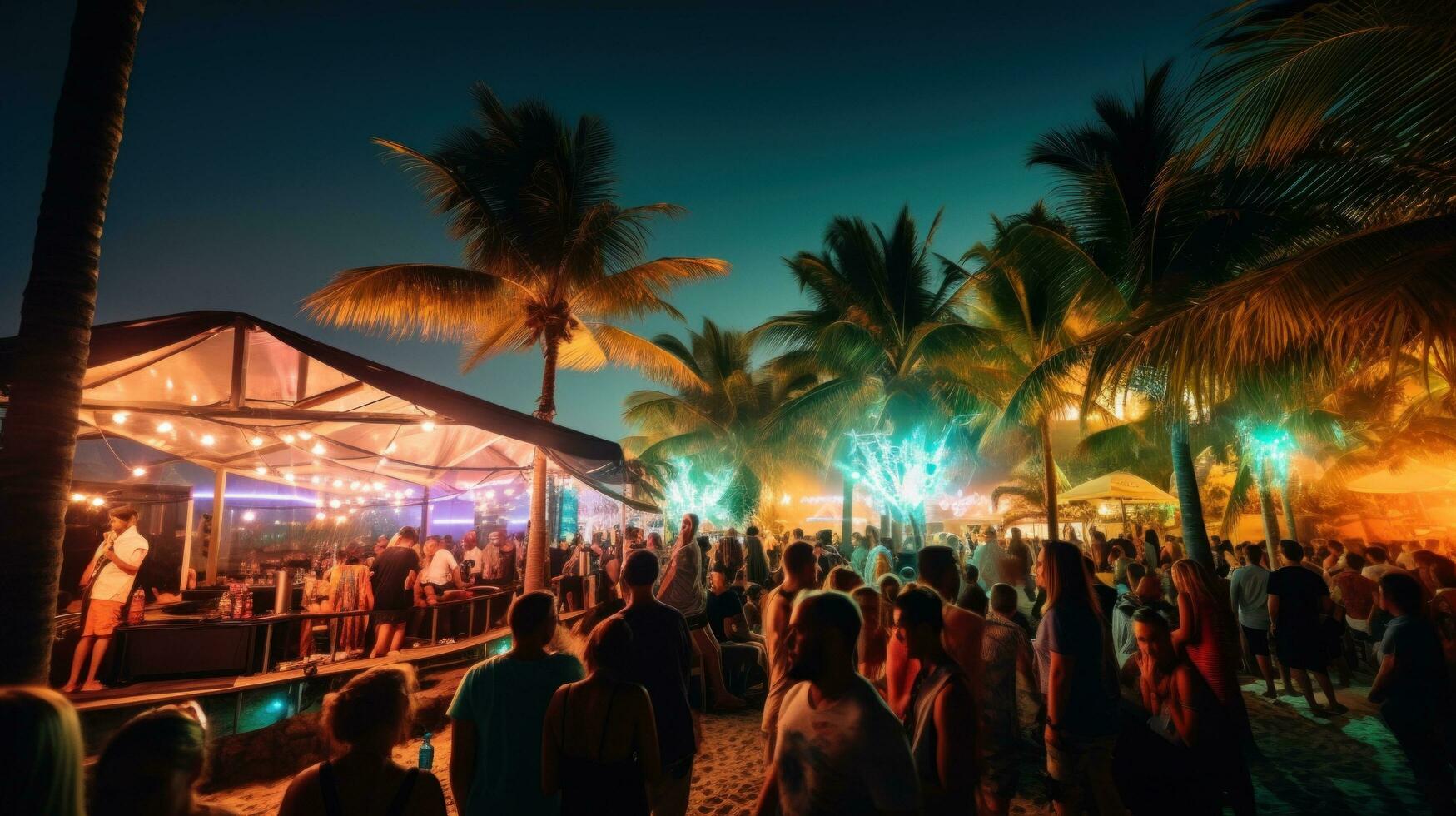 ai generato spiaggia bar con luminosa luci e vivace musica, circondato di palma alberi e persone godendo il festa. foto