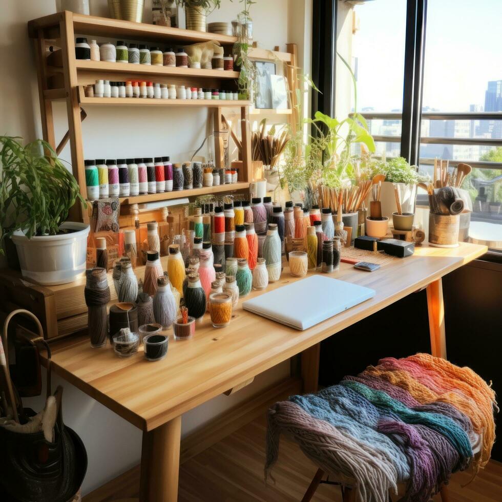 ai generato un' magliaia spazio di lavoro con un' varietà di colorato filati e maglieria aghi su un' di legno scrivania. foto