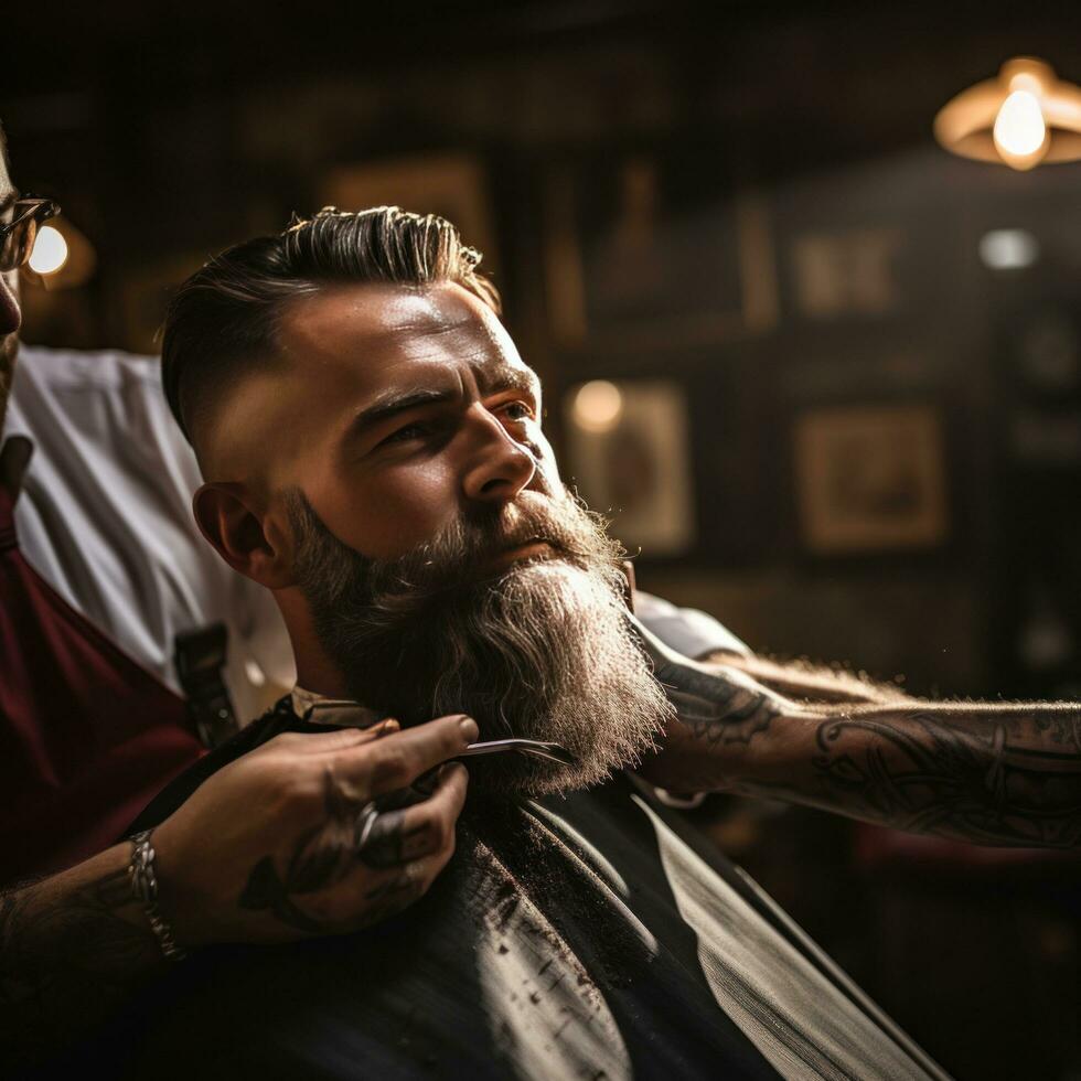 ai generato del barbiere mano Tenere un' dritto rasoio in bilico per radersi un' del cliente barba foto