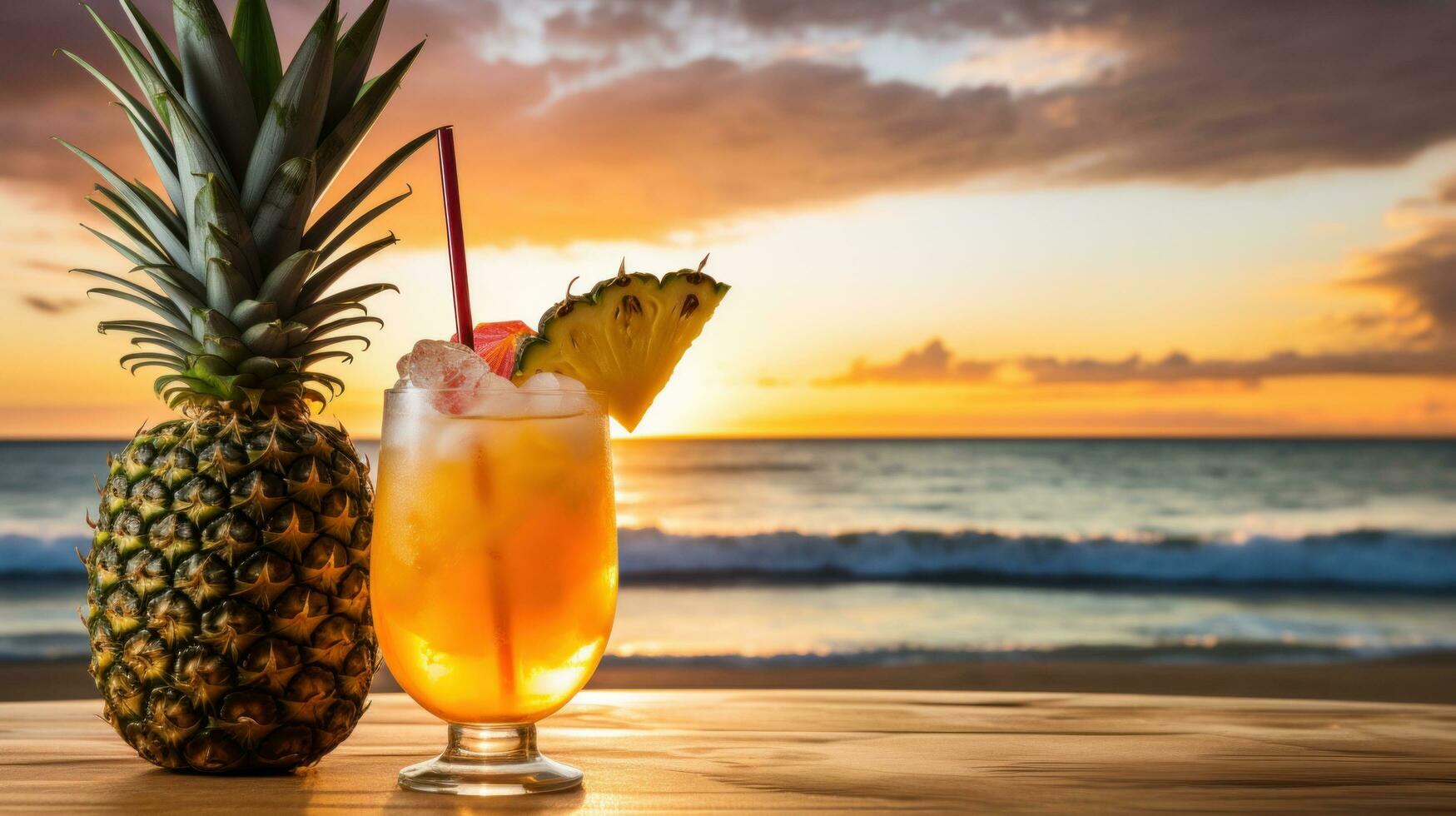 ai generato rinfrescante tropicale bevanda con un' ananas cuneo e ombrello foto