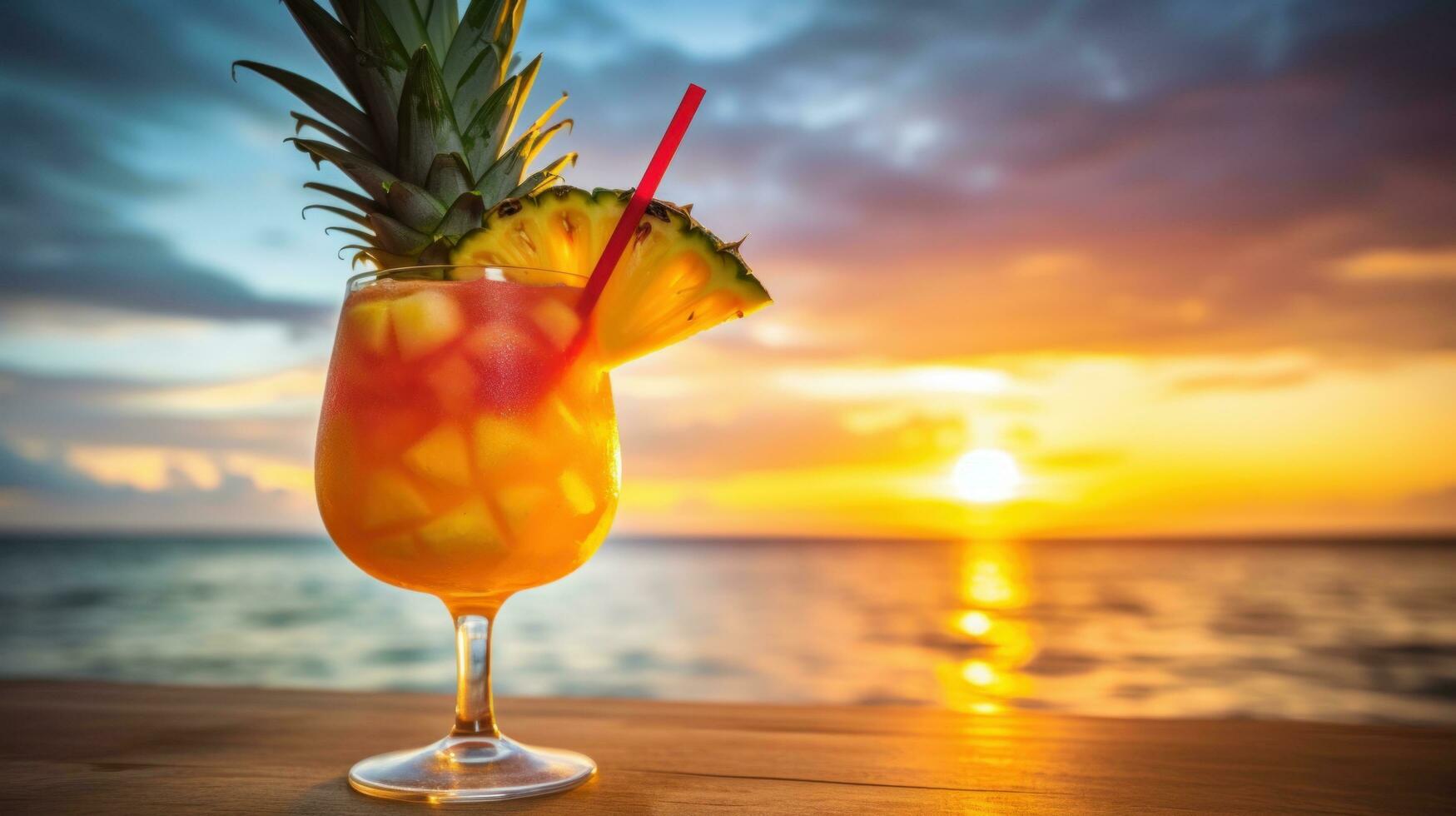 ai generato rinfrescante tropicale bevanda con un' ananas cuneo e ombrello foto