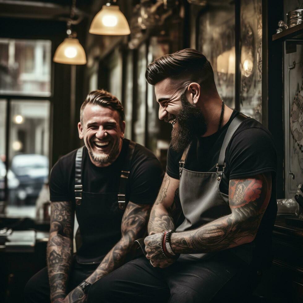 ai generato barbiere e un' cliente impegnato nel conversazione, in mostra il personale connessione foto