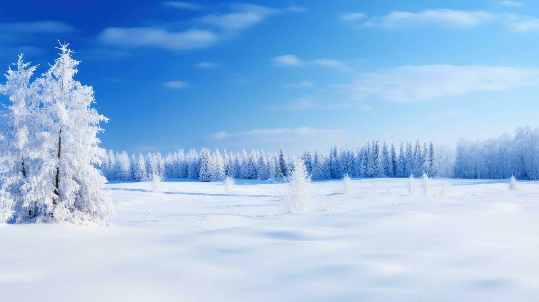 ai generato panoramico Visualizza di un' nevoso paesaggio con innevato alberi e un' luminosa blu cielo, foto