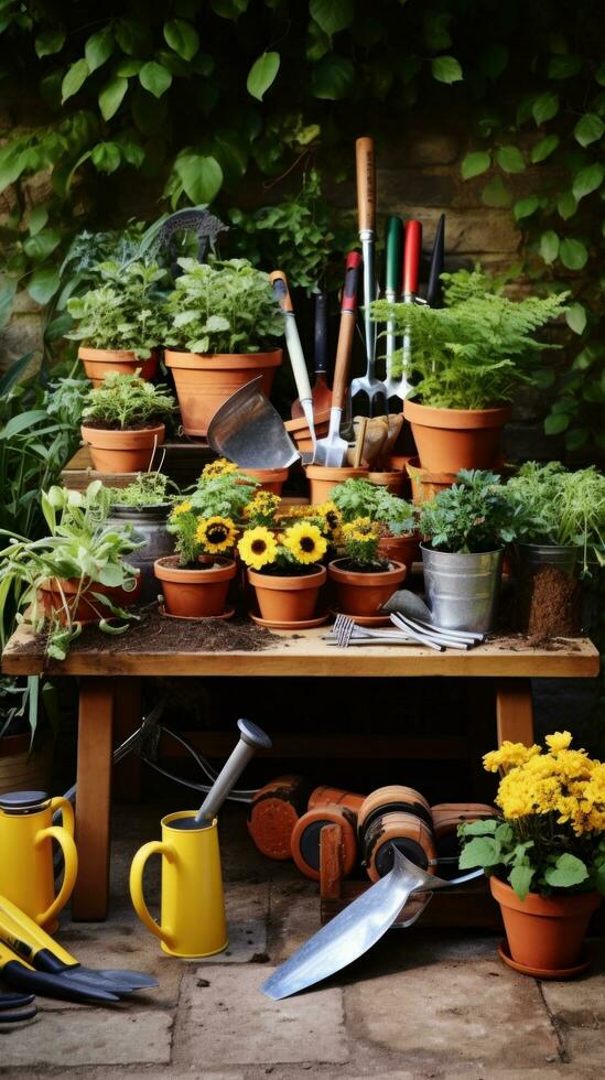 ai generato gruppo di giardino utensili dire bugie su un' tavolo circondato di pentole e impianti foto