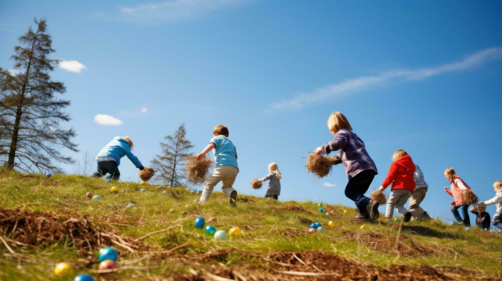 ai generato un' giocoso tiro di bambini a caccia per Pasqua uova nel un' erboso campo, con un' sfondo di alberi foto