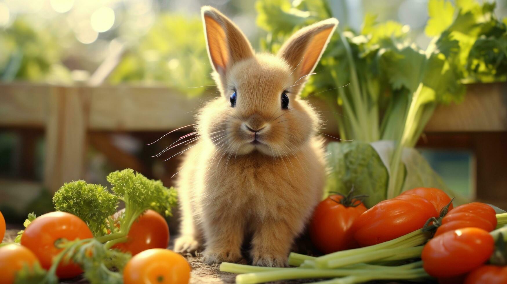 ai generato un' capriccioso foto di un' coniglietto sgranocchiare su un' carota, con Pasqua uova e primavera fiori