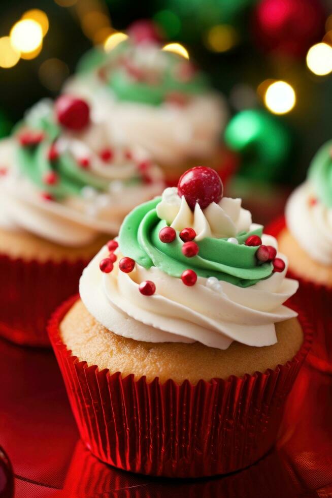 ai generato meravigliosamente decorato cupcakes con festivo rosso e verde glassatura e commestibile Natale decorazioni foto