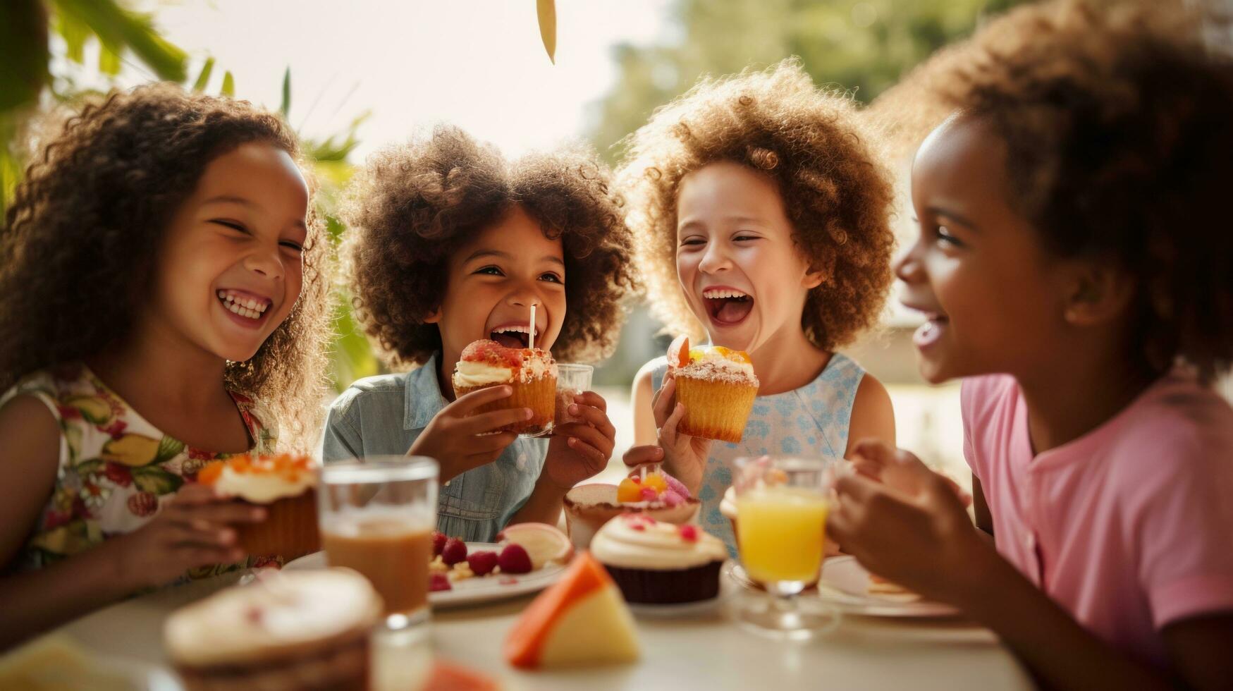 ai generato un' gruppo di bambini si riunirono in giro un' tavolo, ridendo e godendo fette di torta e bicchieri di succo foto
