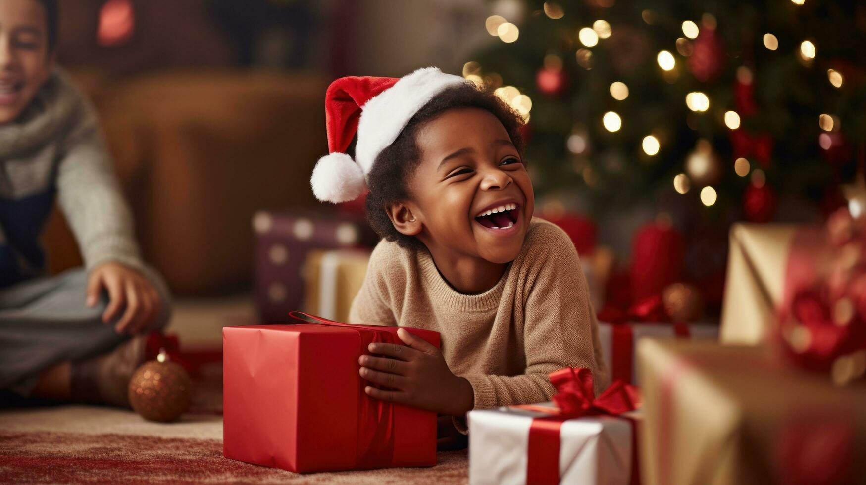 ai generato poco ragazzo apertura mucchio di regali e sorridente con eccitazione mentre il suo famiglia sembra su nel diletto foto