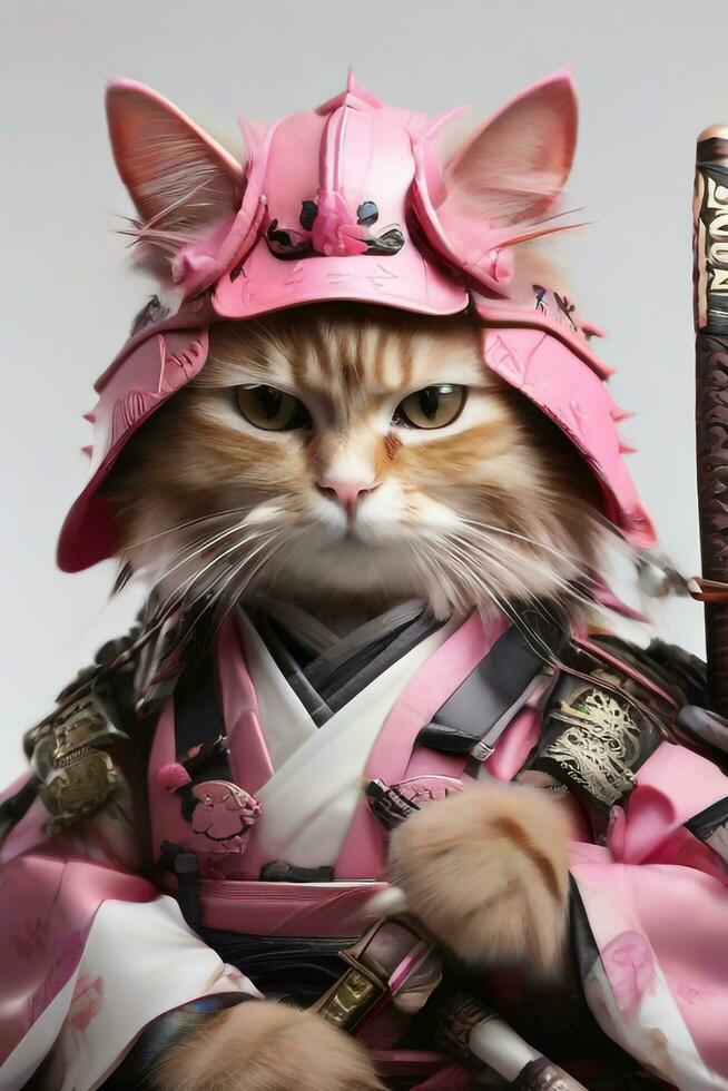 ai generato samurai gatto realistico Tenere un' katana spada foto