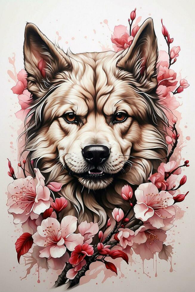 ai generato sorprendente tatuaggio stile realistico cane con giapponese ciliegia fiorire arte foto