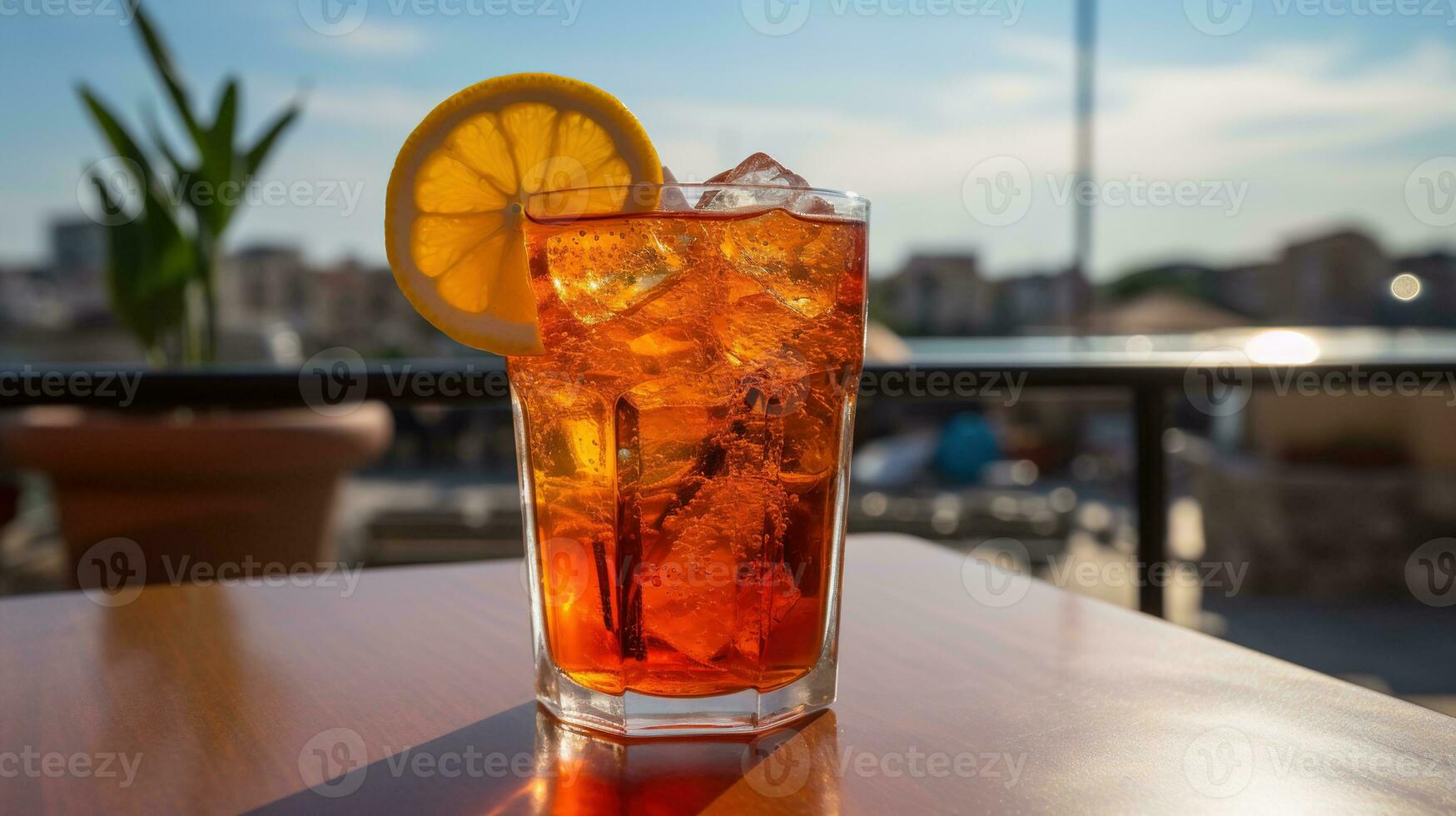 ai generato generativo ai, bicchiere di aperol spritz su di legno tavolo con sfocatura sfondo con luci di strada sbarra, bar o ristorante foto