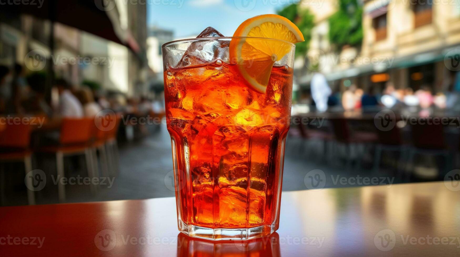 ai generato generativo ai, bicchiere di aperol spritz su di legno tavolo con sfocatura sfondo con luci di strada sbarra, bar o ristorante foto