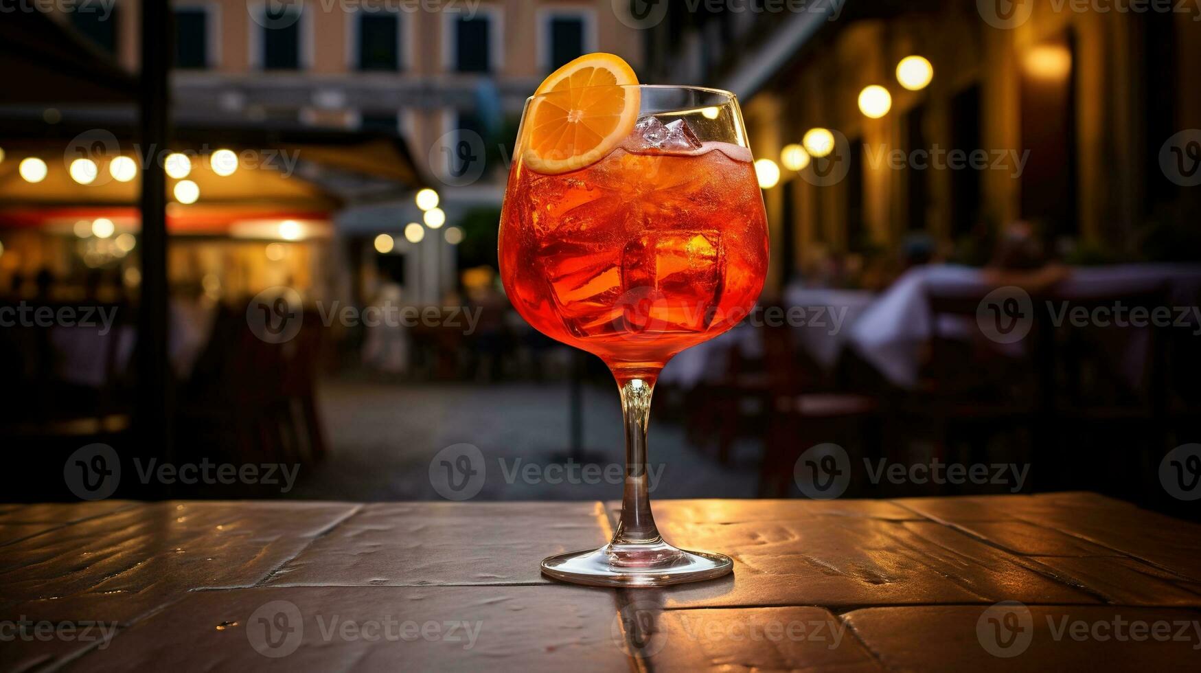 ai generato generativo ai, bicchiere di aperol spritz su di legno tavolo con sfocatura sfondo con luci di strada sbarra, bar o ristorante foto