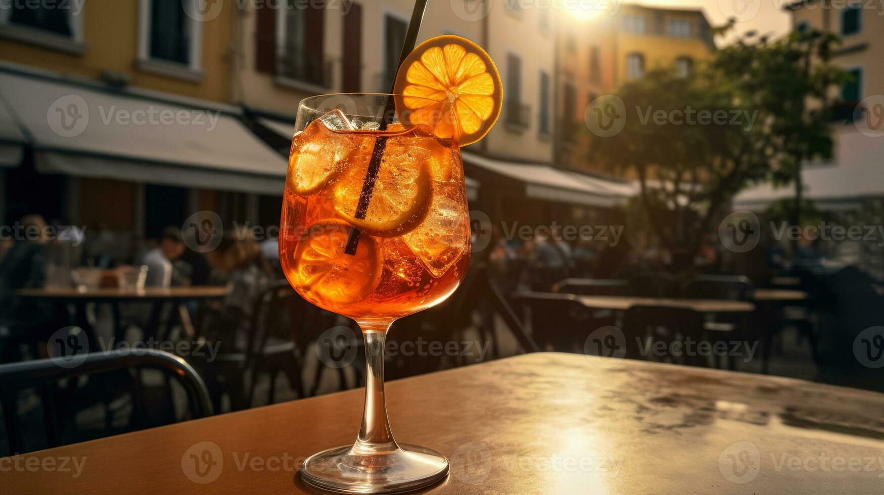 ai generato generativo ai, bicchiere di aperol spritz su di legno tavolo con sfocatura sfondo con luci di strada sbarra, bar o ristorante foto