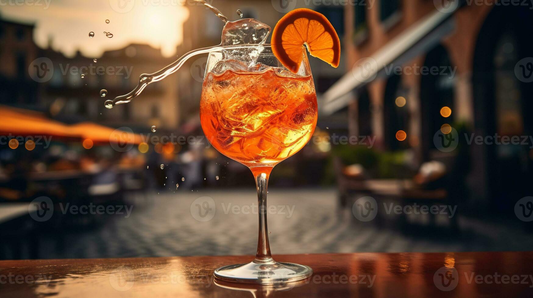 ai generato generativo ai, bicchiere di aperol spritz su di legno tavolo con sfocatura sfondo con luci di strada sbarra, bar o ristorante foto