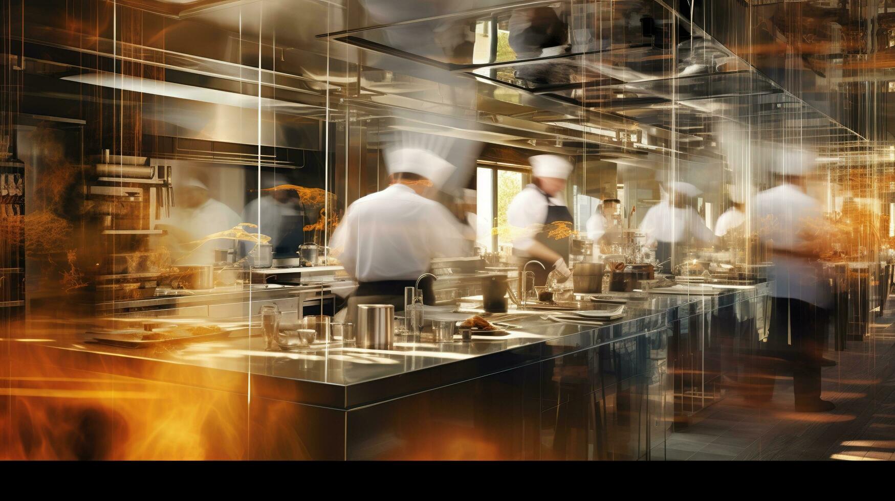 ai generato generativo ai, occupato chef Lavorando su il ristorante cucina nel movimento sfocatura, velocità foto