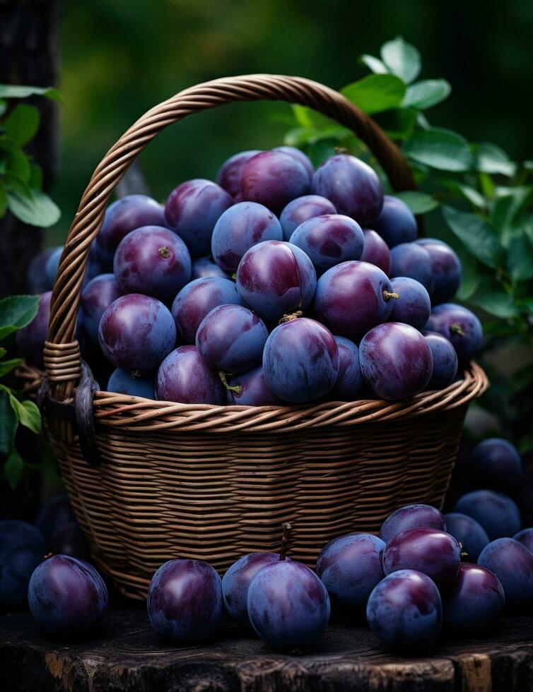 ai generato viola prugne nel un' di vimini cestino, foto