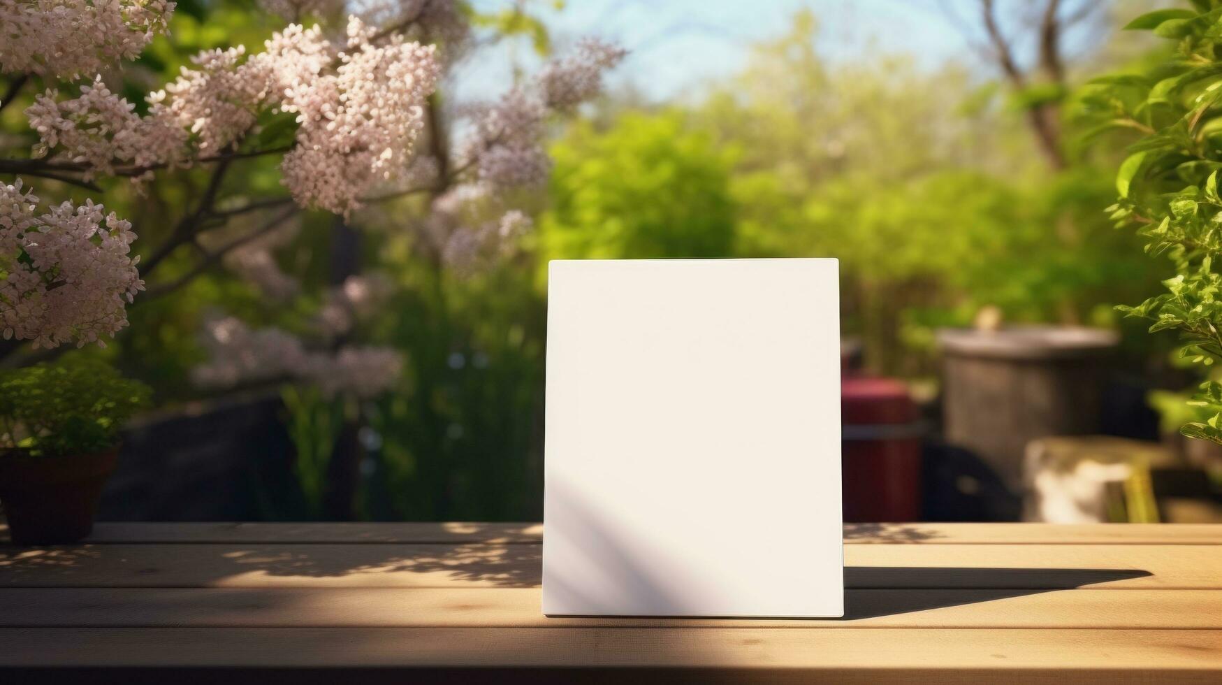 ai generato bloc notes con vuoto davanti, realistico su un' modello modello nel un' di legno tavolo nel un' primavera giardino foto