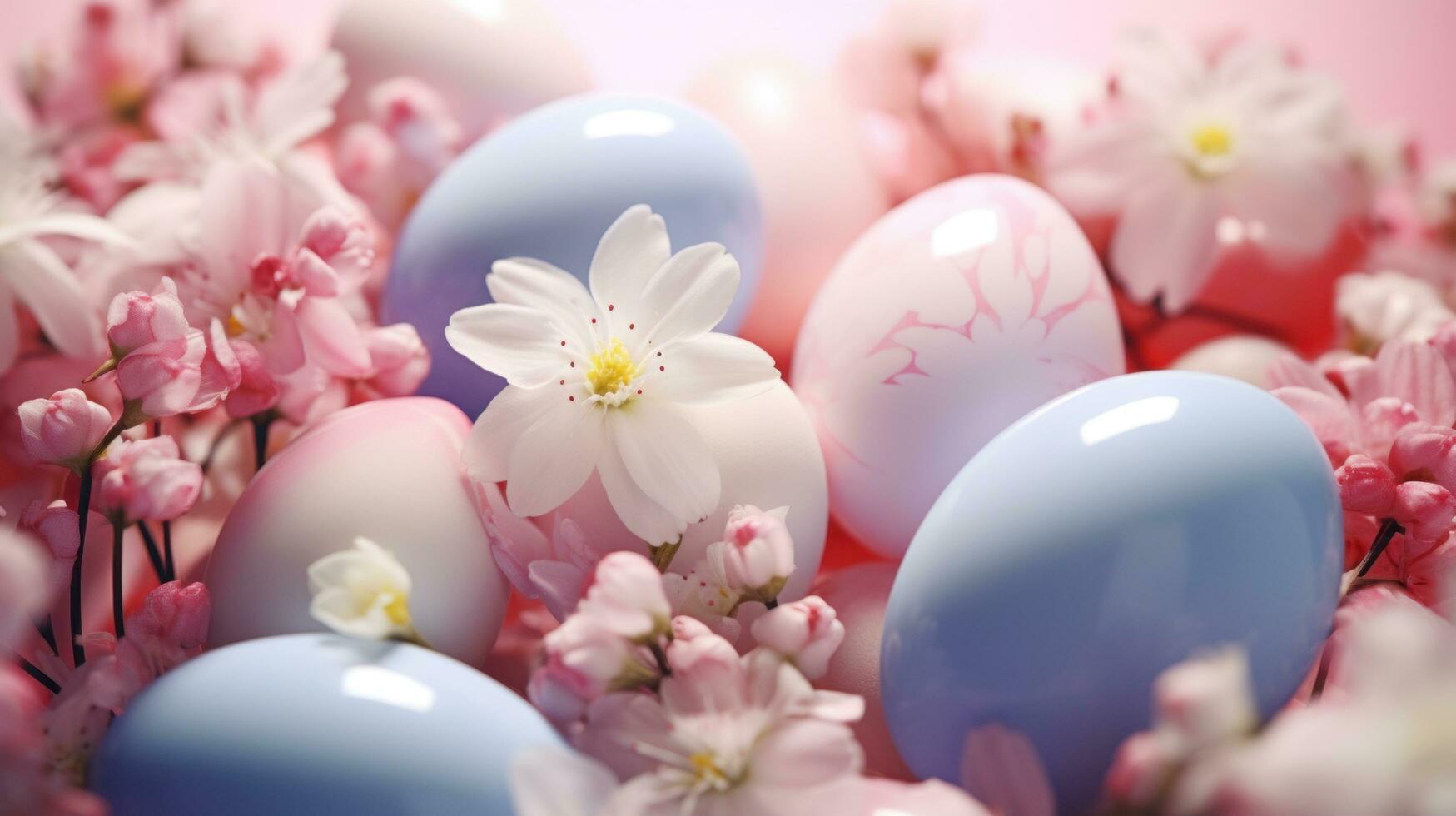 ai generato colorato Pasqua uova seduta in giro il fiori, foto