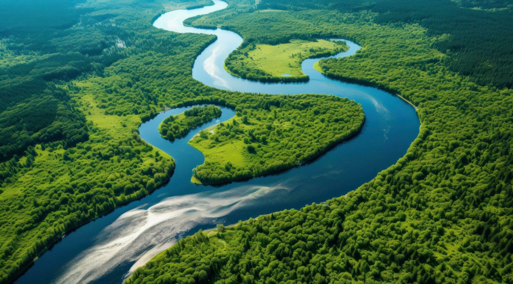ai generato aereo Visualizza di un' fiume fluente nel mezzo di un' foresta, foto