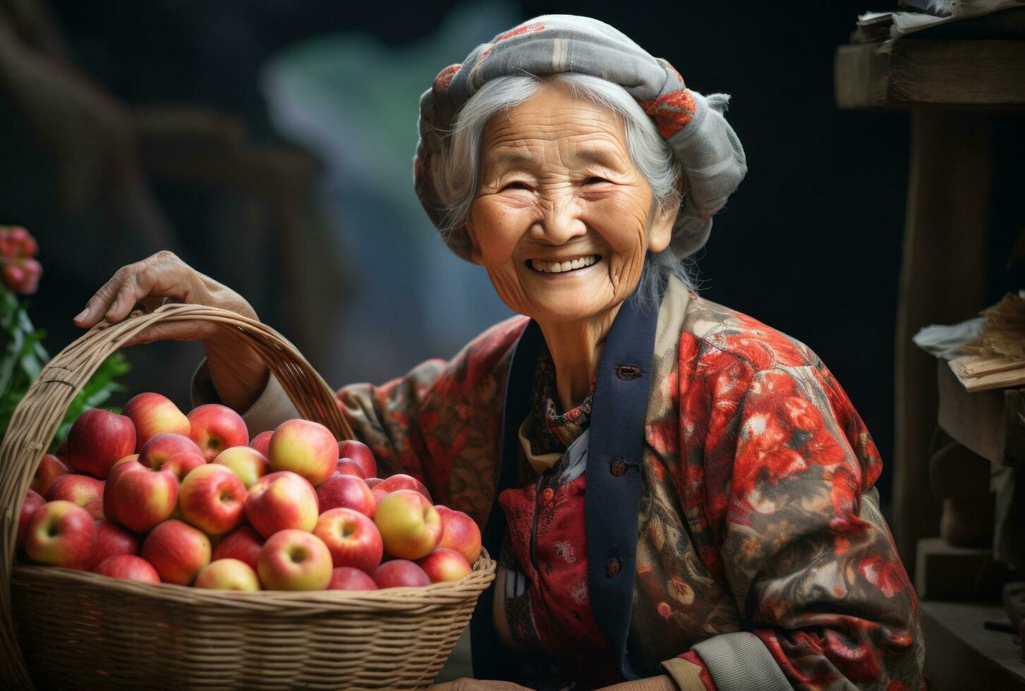 ai generato un anziano donna sorridente con un' cestino pieno di mele, foto